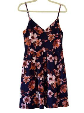 Soprano Large Blue Floral Sleeveless Fit and Flare V Neck Stretch Mini Dress